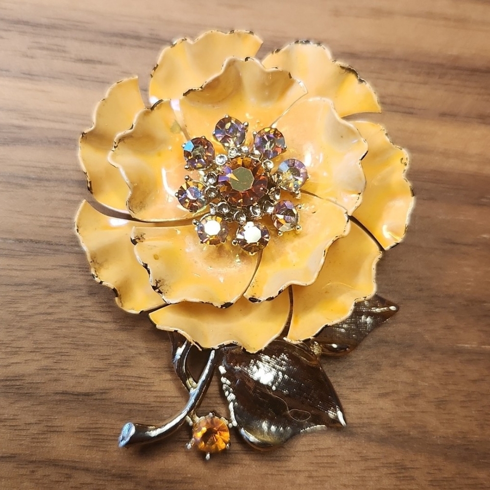 Vintage Yellow Flower Brooch with Rhinestones